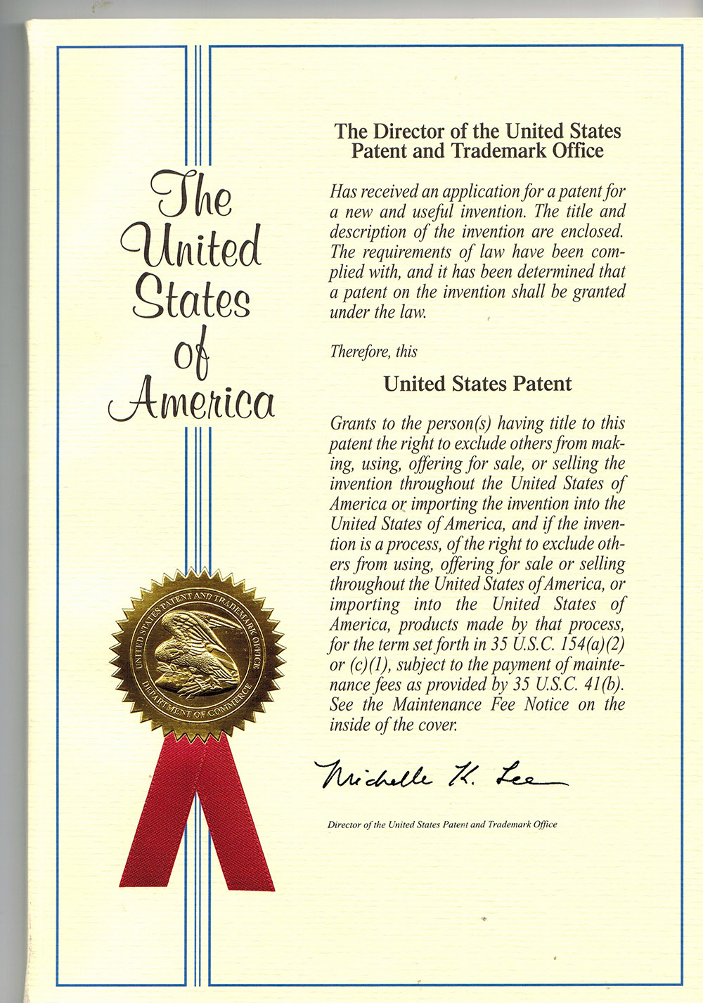 美國(guó)專(zhuān)利證書(shū)